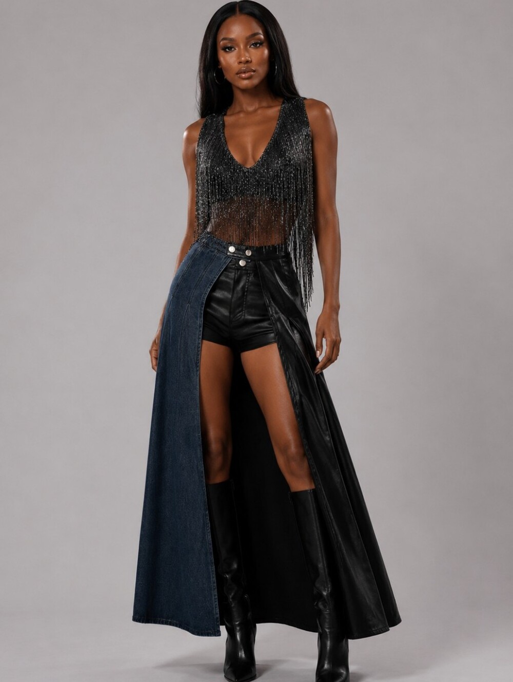Akira Faux Leather & Denim Skirt Belt